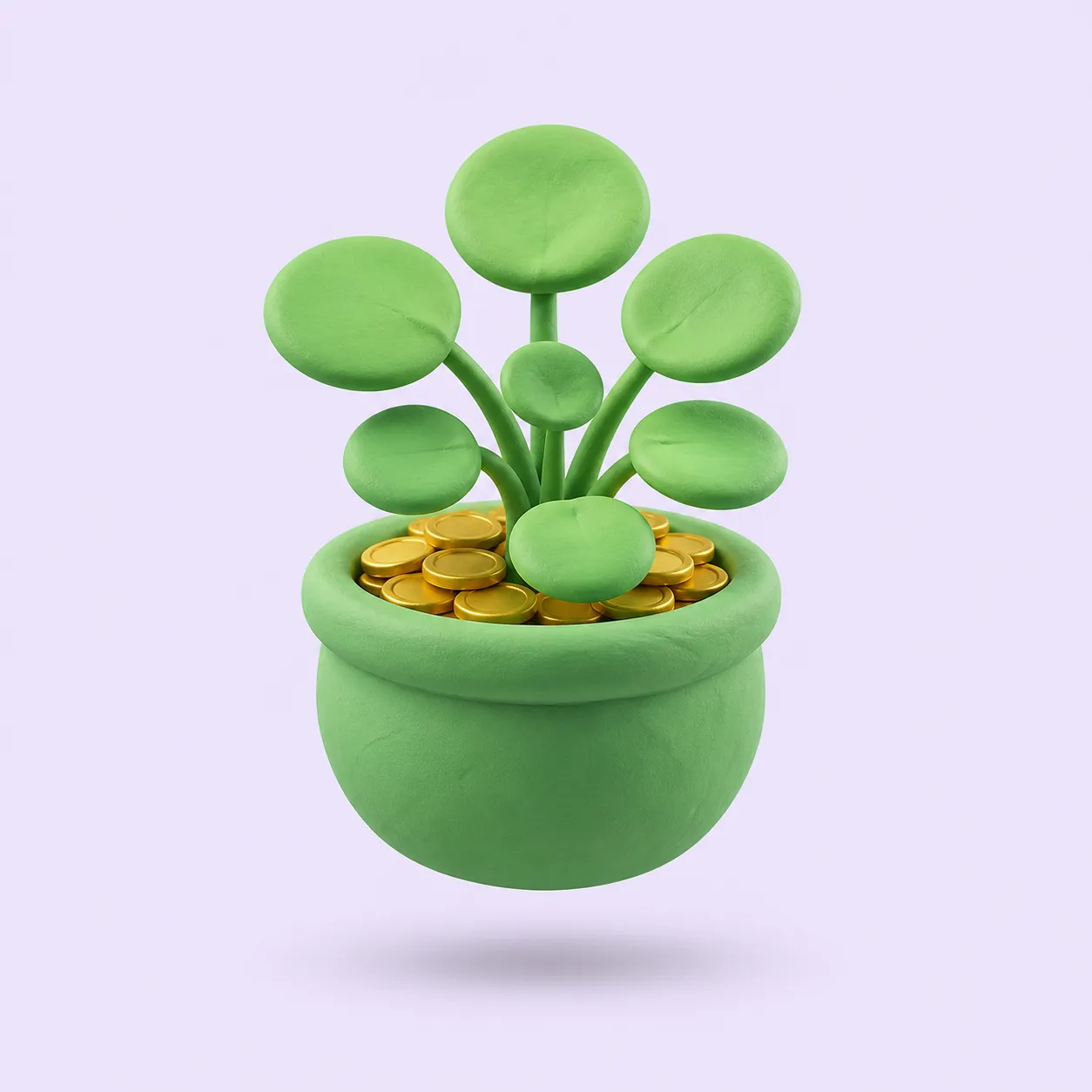 Clay plant growing from a pot of coins