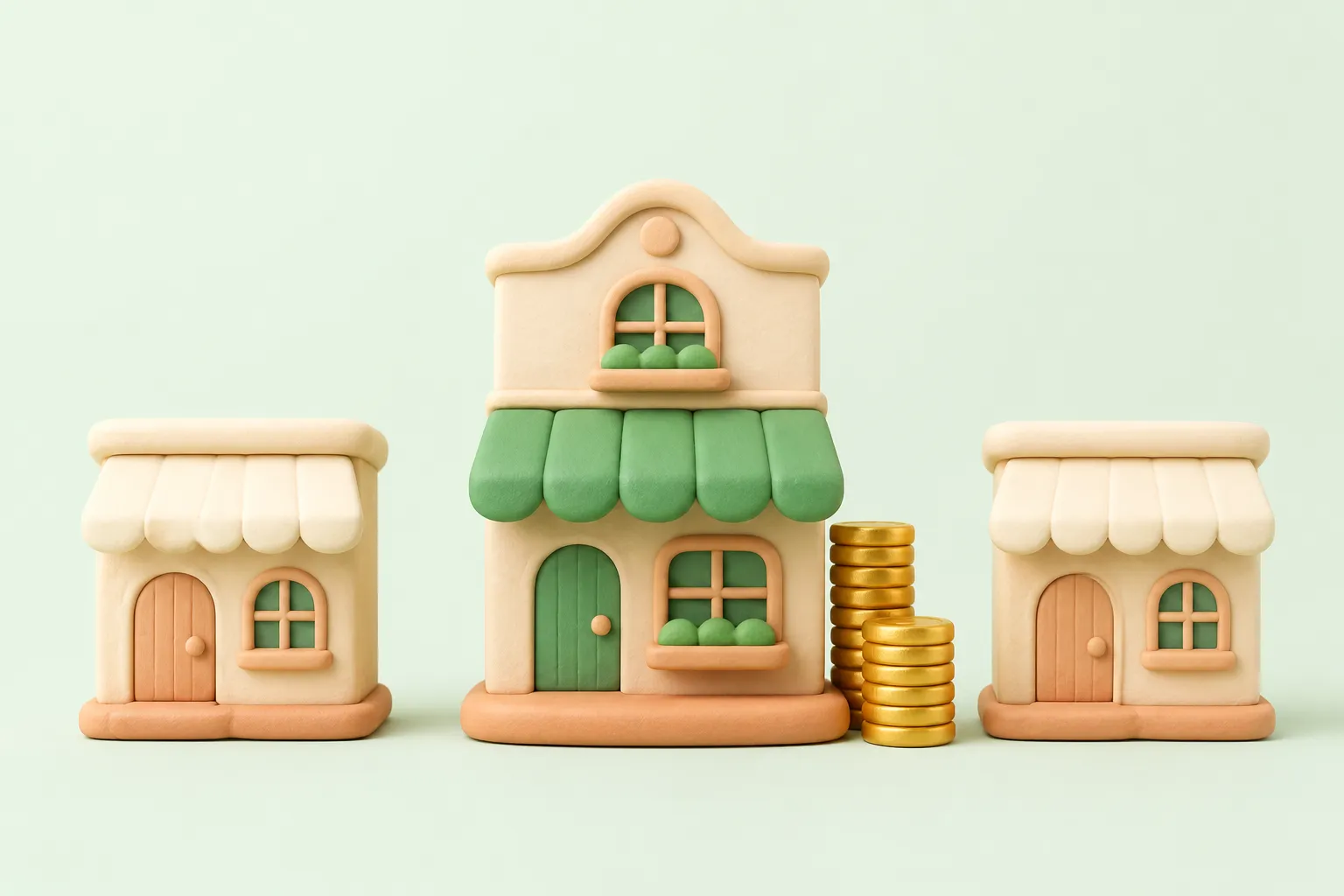 A proud clay storefront with rising coins, standing taller than the plain shops around it